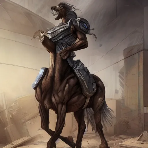 Image similar to a hyper - muscular anthro horse with a magnificently muscular physique wearing tactical gear standing in the ruins of a facility, equine, highly detailed, digital painting, artstation, concept art, magic the gathering, illustration by artgerm, greg rutkowski