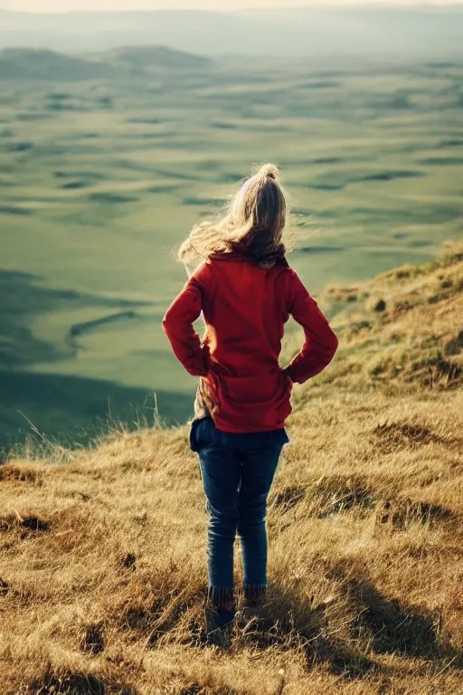 Prompt: a girl enjoying the wind in the edge of a hill, beautiful landscape, aesthetic