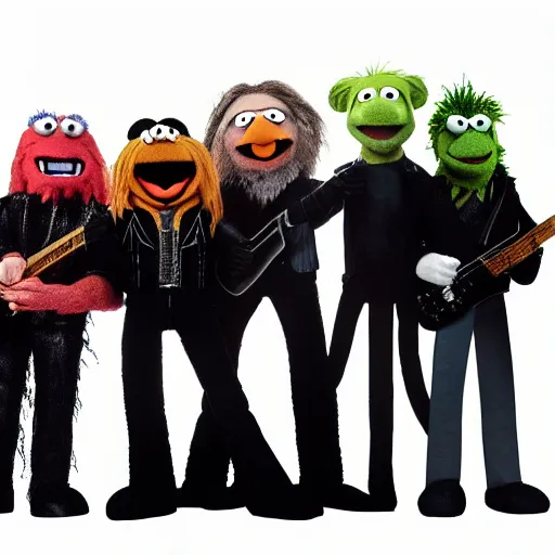 Image similar to metallica as muppets performing on stage, ultra realistic details, 8 k