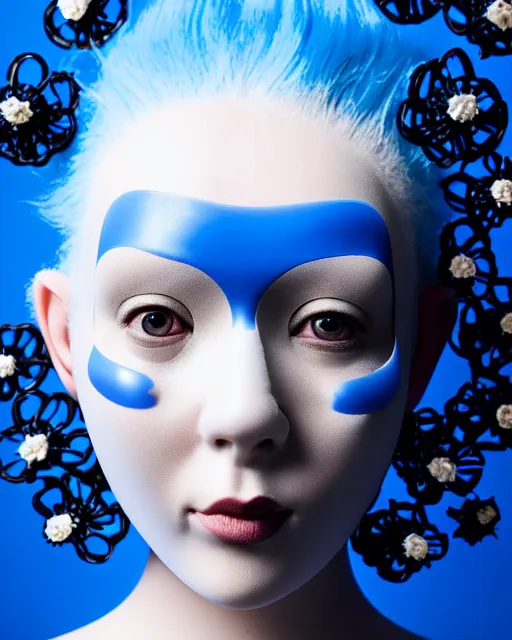 Prompt: symmetrical close - up portrait of a woman wearing a translucent silicone beauty mask and blue hair, wearing a black bodysuit by alexander mcqueen, plastic translucent flowers, black background, soft diffused light, biotechnology, humanoide robot, bjork aesthetic, translucent, intricate details, highly detailed, masterpiece,