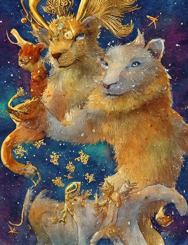 Prompt: deity of first frost, in animal form. this watercolor and goldleaf work by the beloved children's book illustrator has interesting color contrasts, plenty of details and impeccable lighting.