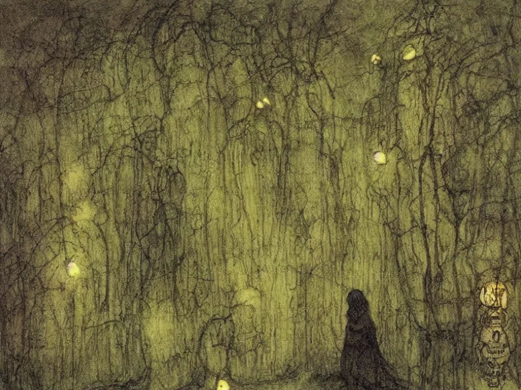 Image similar to the phosphorescent bug man haunting the caterpillars city by john bauer