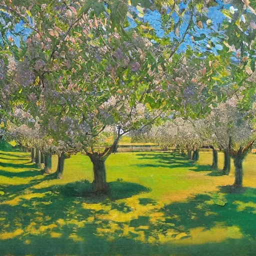 Image similar to by john lavery kokedama, vignetting expressive, shadowy. a beautiful installation art depicting a farm scene. the installation art shows a view of an orchard with trees in bloom.