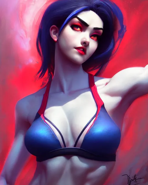 Image similar to widowmaker from overwatch wearing red lace halter top, perfect face, dark blue hair, abs, cinematic, stunning, athletic, strong, agile, highly detailed, psychedelic, digital painting, artstation, smooth, hard focus, illustration, art by jessica rossier and and brian froud