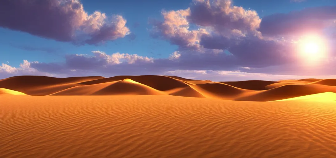 Image similar to epic view of african sand dunes at sunset, clear skies, unreal engine, dramatic lighting, detailed, ambient occlusion, global illumination, god rays, 3 d artstation render by greg rutowski and jessica rossier