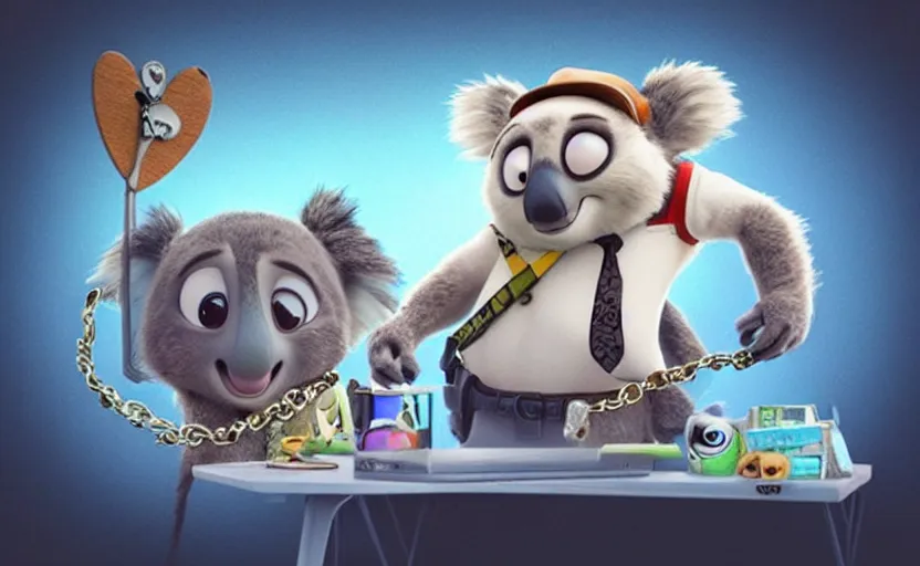 Image similar to “ cute koala with very big eyes, wearing a bandana and chain, holding a laser gun, standing on a desk, digital art, award winning, in the style of the movie zootopia ”