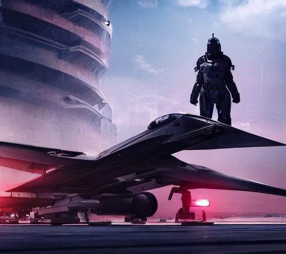 Image similar to fighter pilot stands beside futuristic sci fi fighter jet landed at runway of cyberpunk city ,dark cinematic lighting , digital concept art