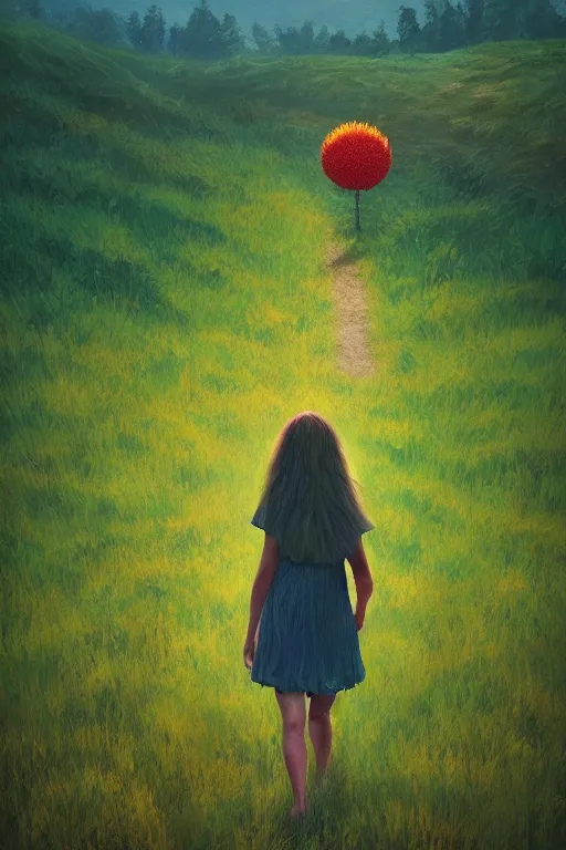 Prompt: giant corn flower head, girl walking in a green valley, surreal photography, sunrise, dramatic light, impressionist painting, colorful clouds, digital painting, artstation, simon stalenhag