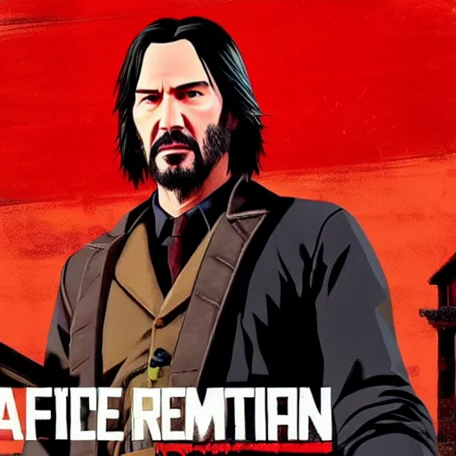 Image similar to Keanu Reeves as a Red Dead Redemption 2 character, dressed as a Western sheriff, in game screenshot
