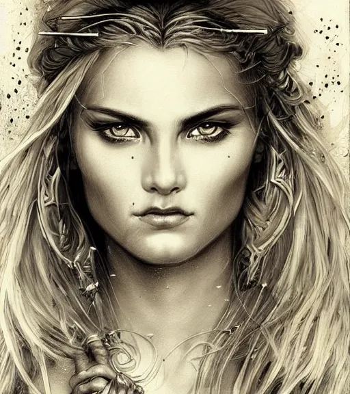 Image similar to portrait of beautiful aphrodite goddess as an archer warrior, arrow, beautiful piercing eyes, flowing blonde hair, realistic face, black and white drawing, in the style of greg rutkowski, fantasy, amazing detail, epic, intricate, elegant, smooth, sharp focus