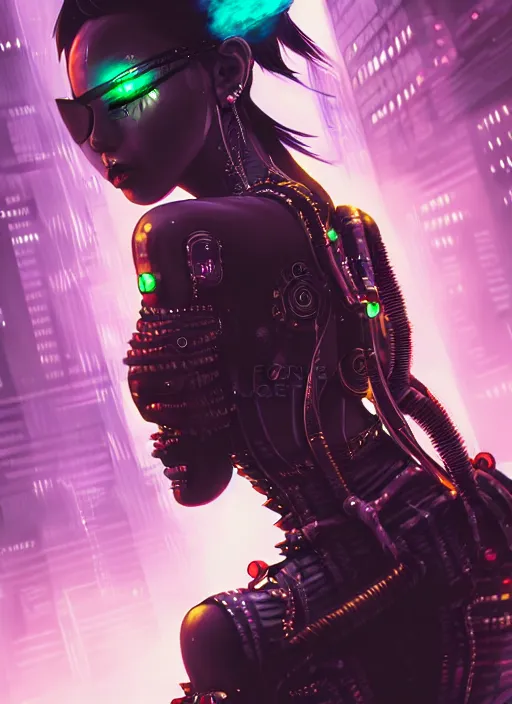Image similar to soft seductive ebony geisha raver gutter punk gothic cyborg, golden ratio, details, scifi, fantasy, cyberpunk city, intricate, decadent, highly detailed, octane render, digital painting, artstation, concept art, sharp focus, illustration, art by artgerm, loish, wlop