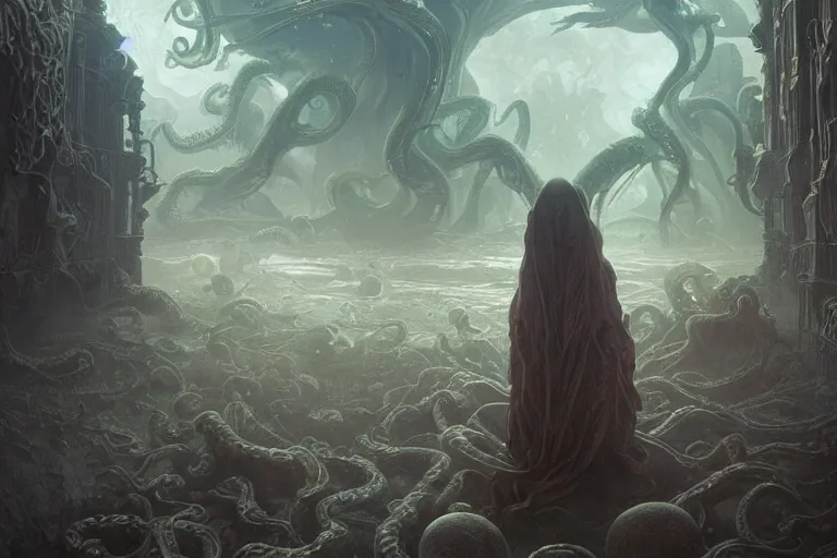 Image similar to a lovecraftian painting of cthulhu rising, cosmic horror elements, ultra realistic, concept art, intricate details, eerie, highly detailed, photorealistic, octane render, 8 k, unreal engine. art by artgerm and greg rutkowski and alphonse mucha