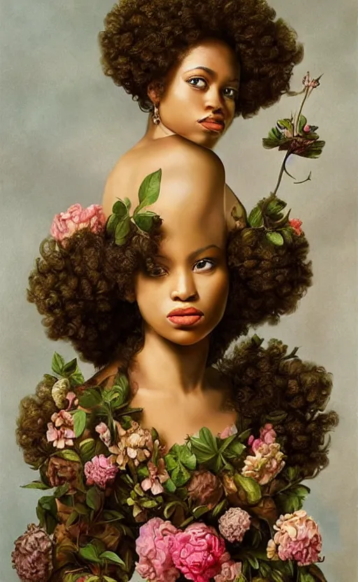 Image similar to surrealism, beautiful black woman with curly hair, holding flowers, hyper realism, muted colours, rococo