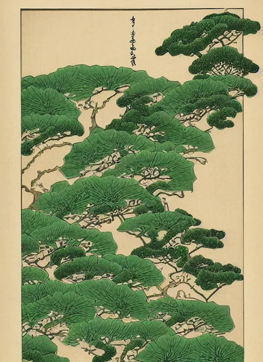 Image similar to fantasy scientific botanical illustration of a green leafy plant that grows like a waterfall ,Ukiyo-e, isometric