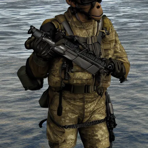 Image similar to monkey navy seals, 4 k, photorealistic, detailed, soldier, posing