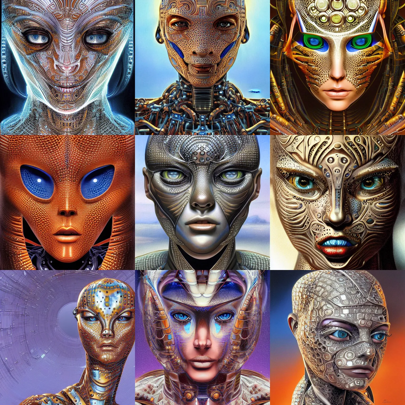 Prompt: humanoid mechanical robot, complex pattern skin, futuristic, highly detailed, digital painting, smooth, sharp, beautiful face, expressive eyes, highly intricate, art by Boris Vallejo and alex gray