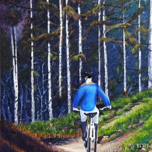 Image similar to man biking up a steep forest hill with a deep blue sweater. sweaty. Oil painting. Emotional. Steep. Trees.