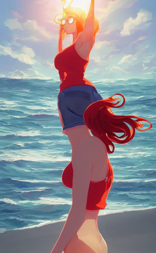 Image similar to lois van baarle, artgerm, helen huang, by makoto shinkai and ilya kuvshino, rossdraws, illustration, art by ilya kuyshuno. cute scarlet red haired cyborg woman, steel gray body, denim shorts, at beach at sunset, beautiful face, smile, elegant, exaggerated proportions, looking at camera