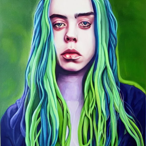 Prompt: painting of Billie Eilish as a forest nymph