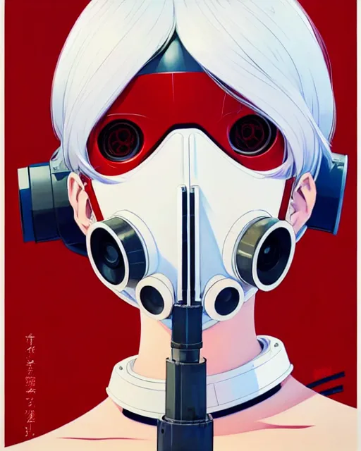 Image similar to white haired cyborg girl wearing a gas mask and red dress | | audrey plaza, fine detail!! anime!! realistic shaded lighting!! poster by ilya kuvshinov katsuhiro otomo ghost - in - the - shell, magali villeneuve, artgerm, jeremy lipkin and michael garmash and rob rey