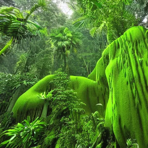 Image similar to ginormous single celled slime amoeba in a dense jungle made of giant trees and dense foliage