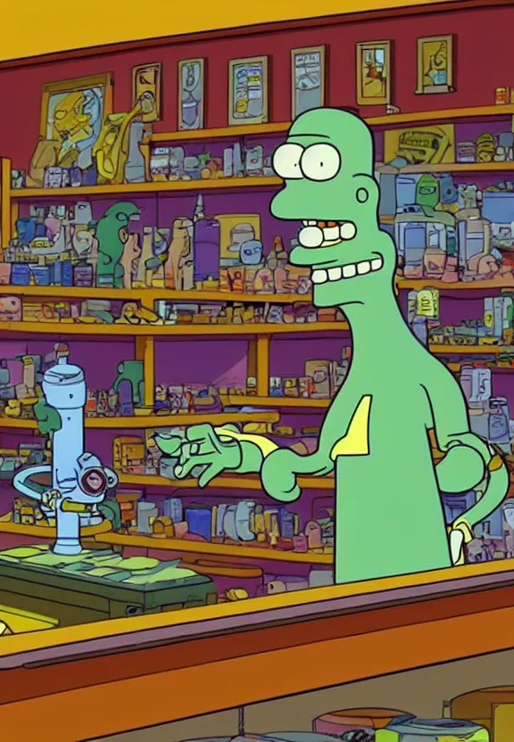 Image similar to a character from the show futurama in a shop, looking at camera, extremely detailed, sci - fi illustration, art by matt groening, futurama animation artstyle