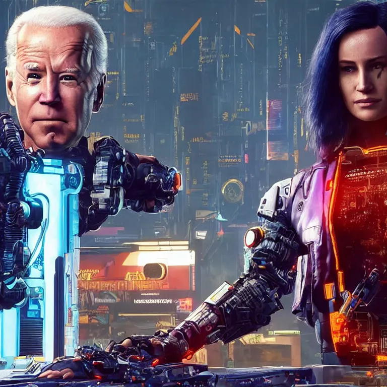 Image similar to joe biden as a cyborg in cyberpunk 2 0 7 7, technological, movie footage, high - tech, still frame