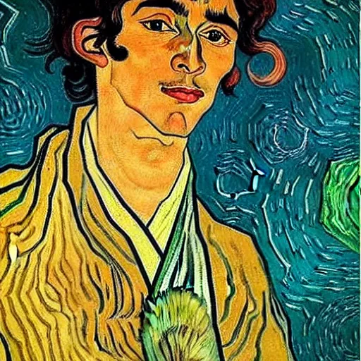 Image similar to painting of handsome beautiful dark medium wavy hair man in his 2 0 s, dressed as an oracle, looking upward to the heavens above!!, smile, foreseeing the future, elegant!!, clear, painting, highly stylized, art by vincent van gogh, egon schiele