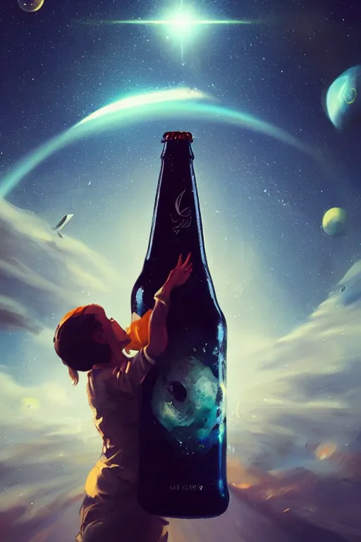 Image similar to beer bottle flying through space in front of planet, art by guweiz, dramatic lighting, highly detailed, incredible quality, trending on artstation