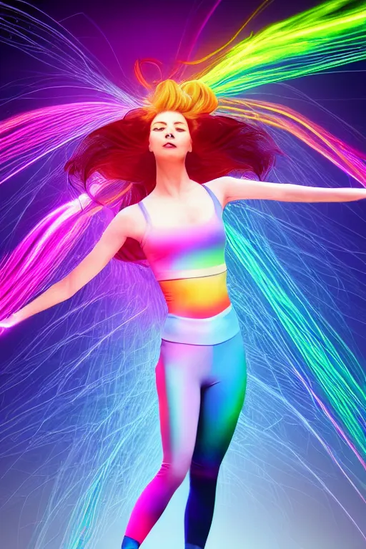 Image similar to a award winning half body portrait of a beautiful woman with stunning eyes in a croptop and leggings with reinbow colored ombre hairstyle head in motion and hair flying while dancing by thomas danthony, surrounded by whirling illuminated lines, outrun, vaporware, shaded flat illustration, digital art, trending on artstation, highly detailed, fine detail, intricate