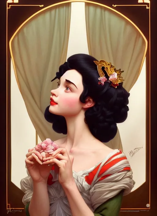 Image similar to portrait of disney snowhite, intricate, elegant, highly detailed, my rendition, digital painting, artstation, concept art, smooth, sharp focus, illustration, art by artgerm and greg rutkowski and alphonse mucha and uang guangjian and gil elvgren and sachin teng, symmetry!!