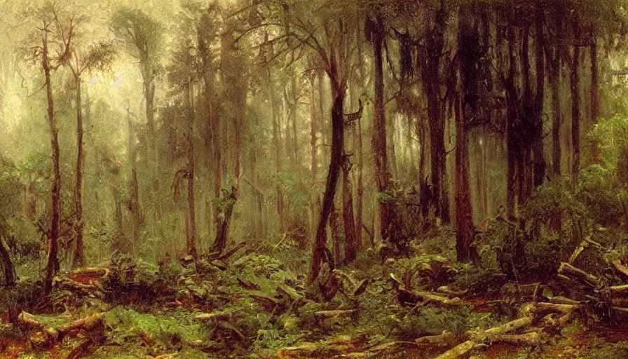 Image similar to forest filled with ruins, heavy rain, in the style of Gaston Bussière