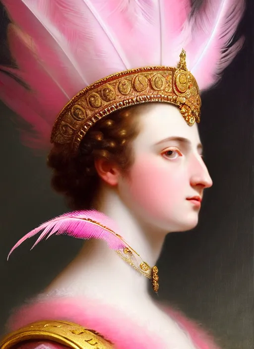 Image similar to stunning spanish godess princess, detailed pink and white feathers head peace against a black backdrop by ivan aivazovsky, 3 / 4 view portrait, wlop, super sharp details, photorealism, canon 5 d, 5 0 mm lens, stunning photoshot, beautiful soft lighting, muted colours, artstation