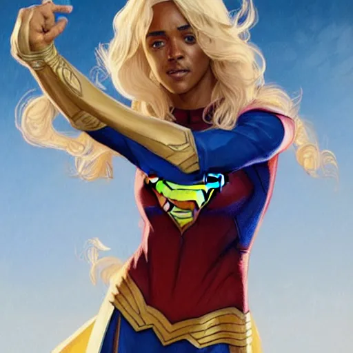 Image similar to Maisie Richardson-Sellers with blonde hair as Super Girl, western, D&D, fantasy, intricate, elegant, highly detailed, digital painting, artstation, concept art, matte, sharp focus, illustration, art by Artgerm and Greg Rutkowski and Alphonse Mucha