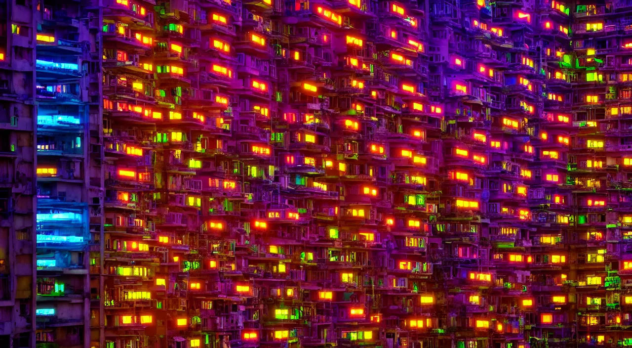 Image similar to Cyberpunk Residential Blocks, futuristic Phnom-Penh Cambodia, neon lighting