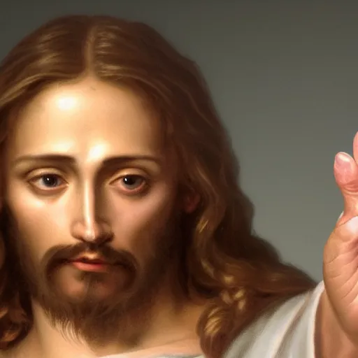 Image similar to uhd real 8 k photo of jesus showing his middle finger, digital art, portrait, portrait concept art, special effects, finely detailed, studio lighting, correct details, correct face, accurate middle finger
