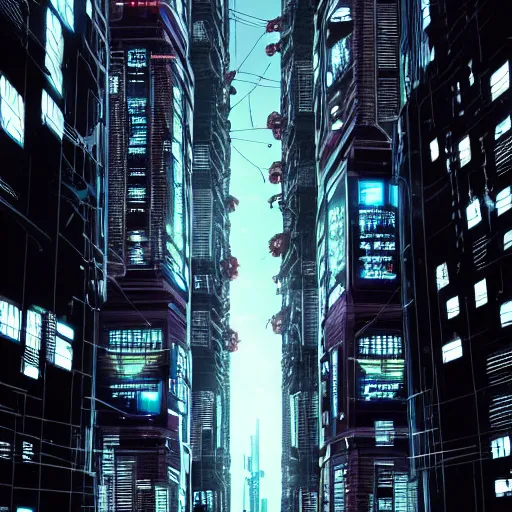 Prompt: Fully dark cyberpunk city with one building in the middle with only one window shining in style of Tsutomu Nihei. ArtStation, Cyberpunk, Vertical Symmetry, 8K, Highly Detailed, Intricate, Album Art.