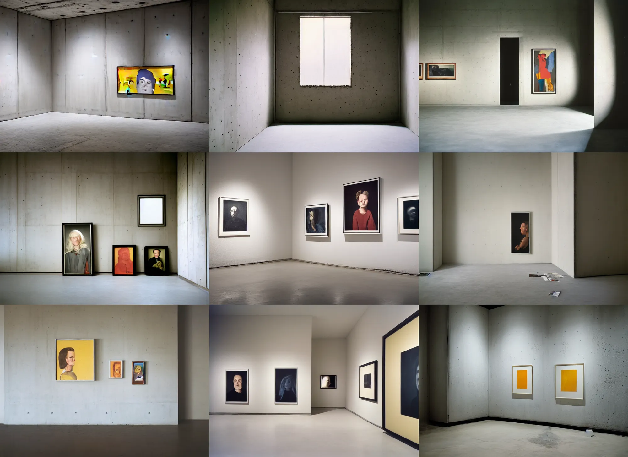 Prompt: kodak portra 4 0 0, 8 k, wide flashlight shot of a highly detailed, britt marling style, colour still - life portrait of a large minimalistic room, rough concrete walls, full of square pictureframes and quadratic picasso paintings,
