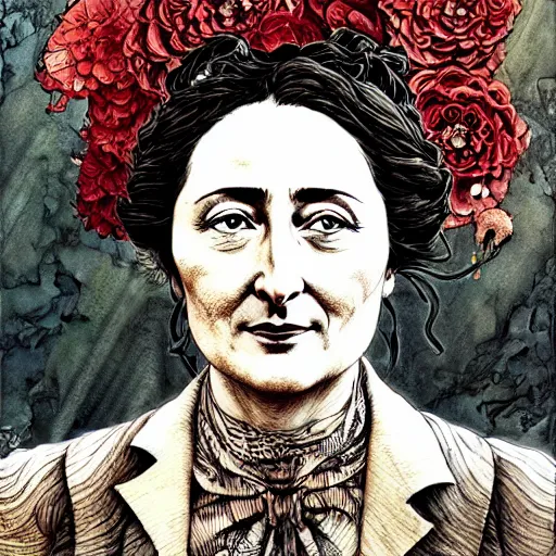 Prompt: portrait of rosa luxemburg painted in ian mcque style drawn by vania zouravliov and takato yamamoto, inspired by fractal flowers, intricate acrylic gouache painting, high detail, sharp high detail, artstation