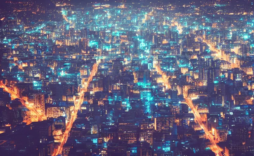 Prompt: city at night, dark cyan color palette. grainy. hd wallpaper.