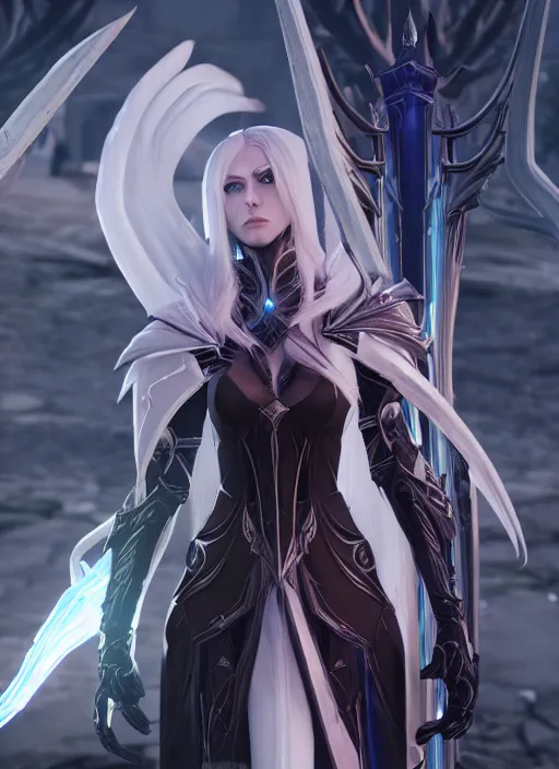 Image similar to photo of a sorceress near mage tower, warframe armor!!, fantasy, white hair, anime, professionally color graded, interesting angle, sharp focus, 8 k high definition, insanely detailed, intricate, intelligent, art by akihiko yoshida and shirotaka