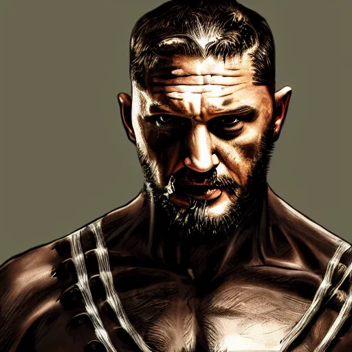 Image similar to Tom Hardy in wolverine suit Digital art 4K quality Photorealism