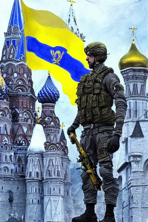 Image similar to special forces soldier raising ukrainian blue and yellow flag, kremlin st. basil cathedral in the background, masculine figure, d & d, fantasy, bright atmosphere, volumetric lights, intricate, elegant, extremely detailed, digital painting, artstation, concept art, matte, smooth, sharp focus, hyper realistic, illustration, art by artgerm and greg rutkowski and alphonse mucha