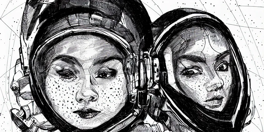 Image similar to ink lineart drawing portrait of a woman wearing a space helmet, closeup of her eyes, space background, artstation, etchings by goya, chinese brush pen, illustration, high contrast, deep black tones contour