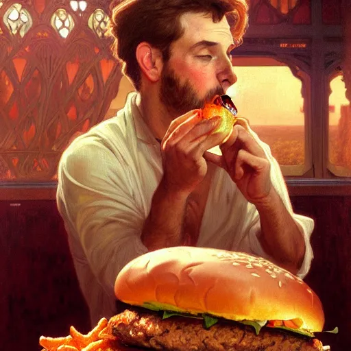 Prompt: painted portrait of ( mike wallace ) eating giant hamburgers, mature, handsome, fantasy, intricate, elegant, highly detailed, digital painting, artstation, concept art, sharp focus, illustration, illumination, holy ethereal light, art by gaston bussiere and alphonse mucha