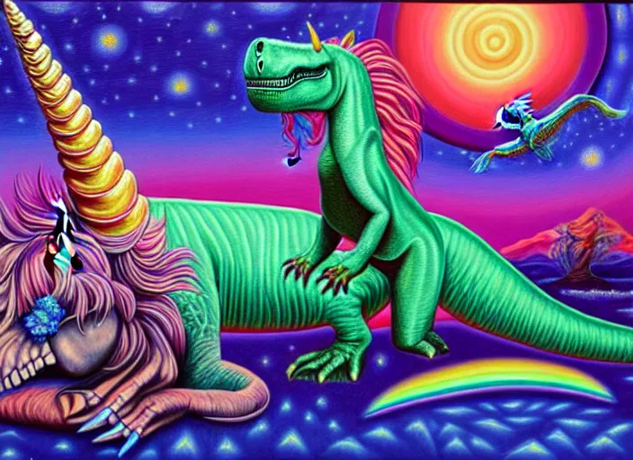 Image similar to T-rex and Unicorn relaxing, Alex Grey,Oil on Canvas detailed,