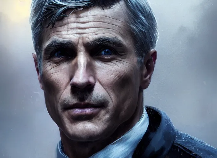 Image similar to highly detailed portrait of an aged christoph waltz as bruce wayne, in batman, stephen bliss, 8 k, unreal engine, fantasy art by greg rutkowski, loish, rhads, ferdinand knab, makoto shinkai and lois van baarle, ilya kuvshinov, rossdraws, tom bagshaw, global illumination, radiant light, detailed and intricate environment