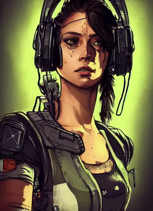 Prompt: Beautiful Maria. Gorgeous female cyberpunk mercenary wearing a cyberpunk headset, military vest, and jumpsuit. gorgeous face. Concept art by James Gurney and Laurie Greasley. Industrial setting. ArtstationHQ. Creative character design for cyberpunk 2077.