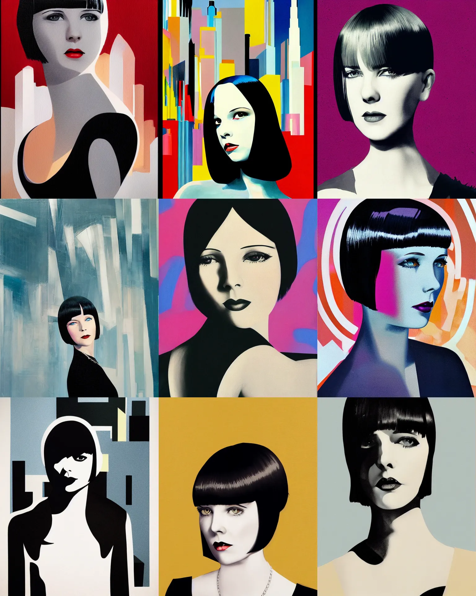 Prompt: full length portrait of 2 0 year old mary louise brooks, shiny bob haircut, dramatic light, abstract art deco city background, screen print, high contrast, sharp,, painted by ross tran