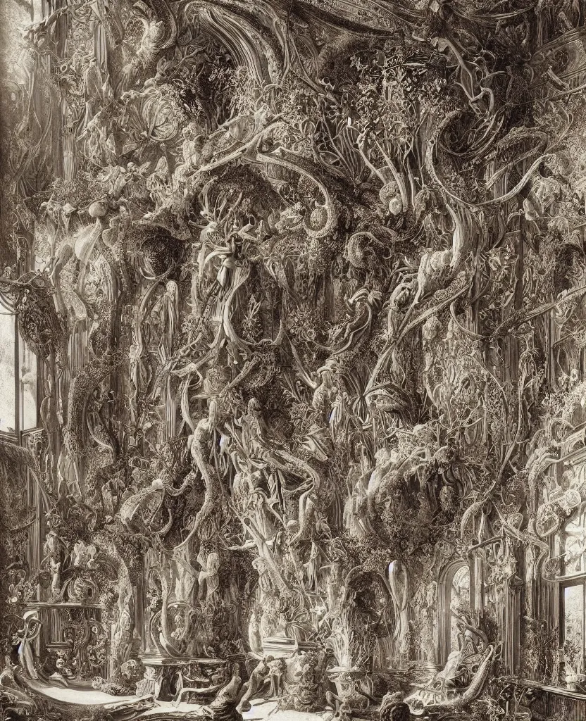 Prompt: an interior, designed by ernst haeckel, art forms in nature, afternoon light, intricate high details, sharp, ultradetailed